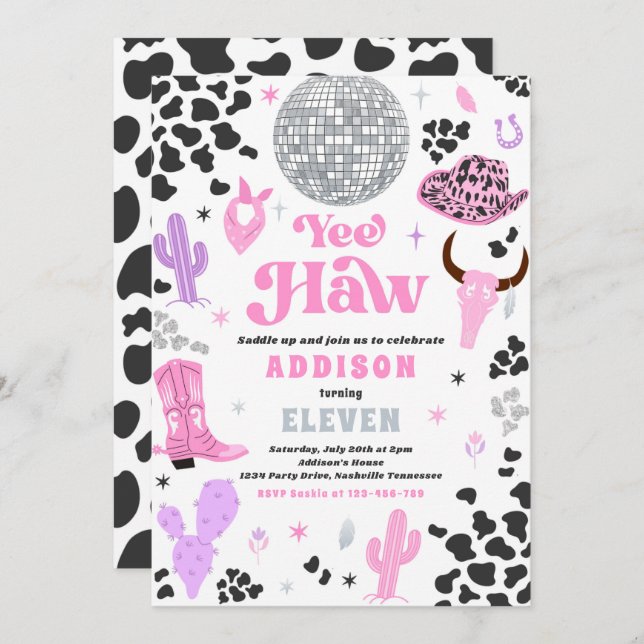 Disco Cowgirl Nashville Pink Rodeo Birthday Party Invitation (Front/Back)