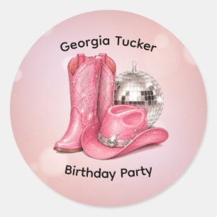 Disco Cowgirl Pink Birthday party Classic Round Sticker