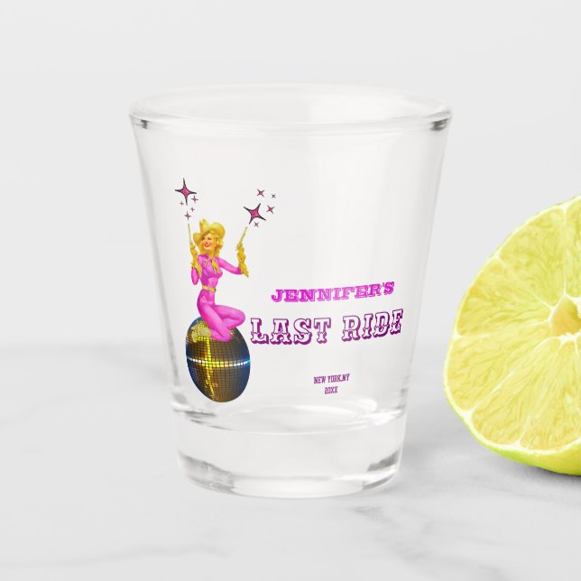 Disco Cowgirl  retro Bachelorette Party  Shot Glass (Front)