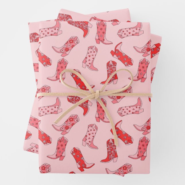 Disco Cowgirl Retro Pink & Red Wrapping Paper Set (In situ)