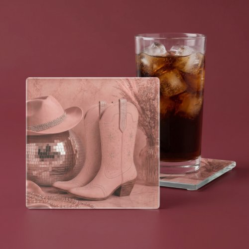 Disco Cowgirl Rhinestone Western Boots Glass Coaster
