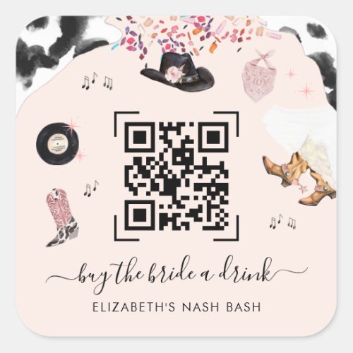 Disco Cowgirl Rodeo Buy The Bride A Drink QR Code Square Sticker