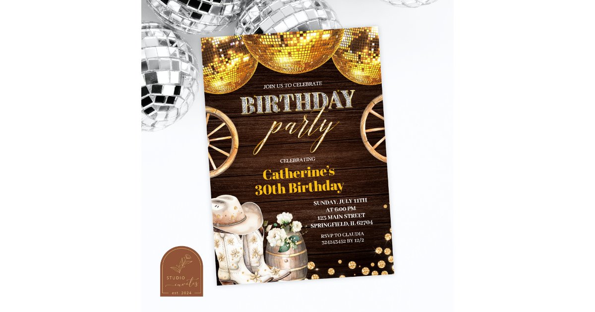 Disco Cowgirl Western Adult Bling Birthday Inv Invitation | Zazzle