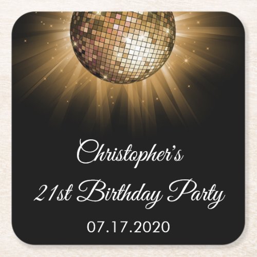 Disco Dance Birthday Party Gold Sparkle Square Paper Coaster