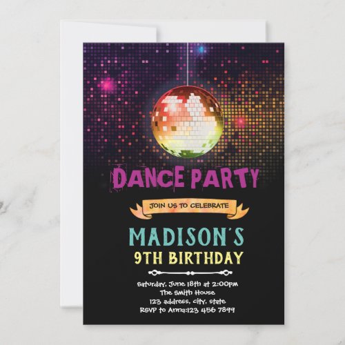 Disco dance birthday party invitation