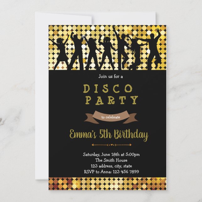 Disco dance birthday party invitation (Front)