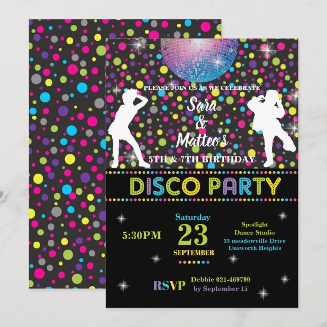 Disco Dance Joint Twins Birthday Party Boy Girl Invitation (Front/Back)