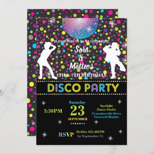 Disco Dance Joint Twins Birthday Party Boy Girl Invitation