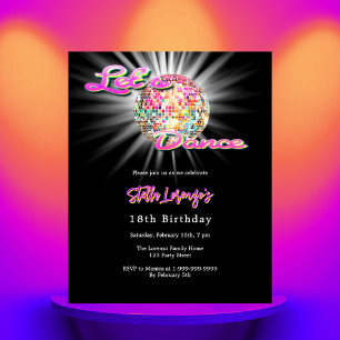 Disco dance party pink black birthday invitation