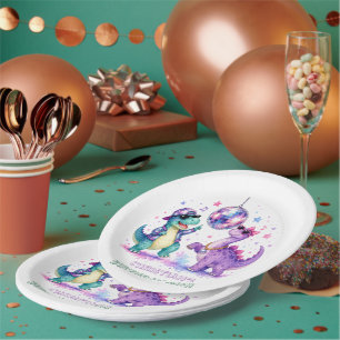 Disco Dinosaur Watercolor Birthday Bash Paper Plates