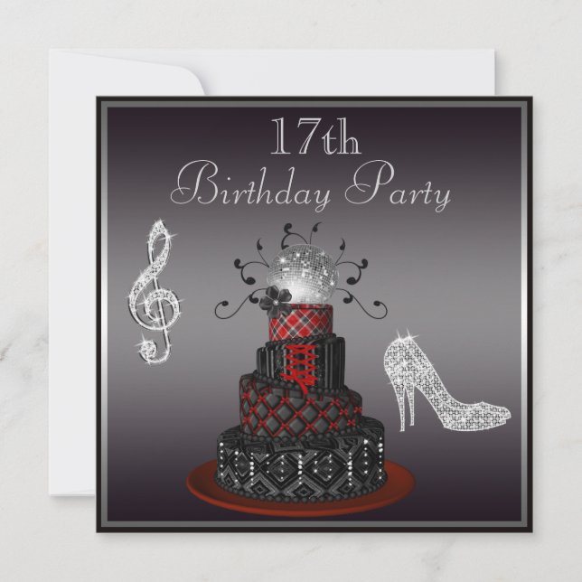Disco Diva Cake, Silver Heels 17th Birthday Invitation (Front)