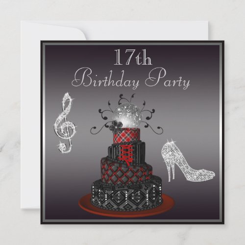 Disco Diva Cake Silver Heels 17th Birthday Invitation