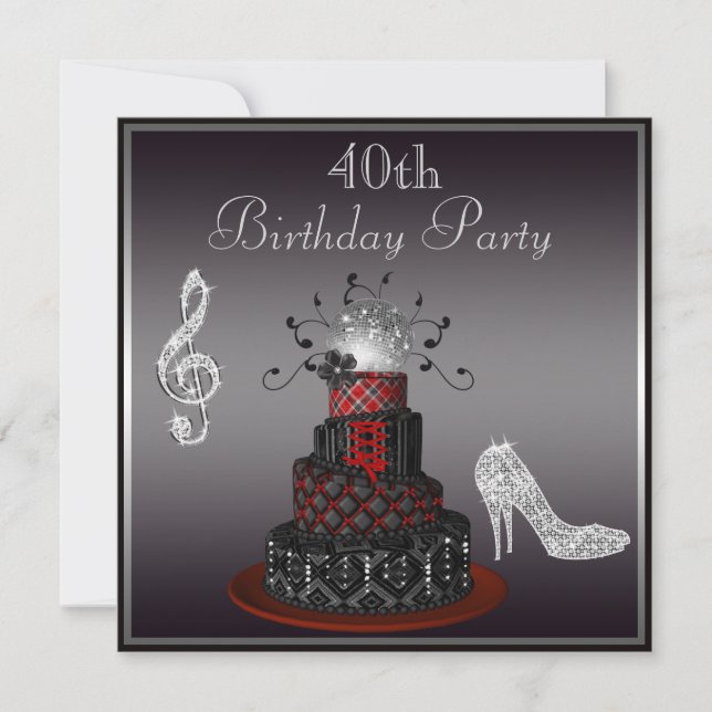 Disco Diva Cake, Silver Heels 40th Birthday Invitation (Front)