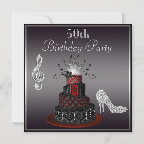 Disco Diva Cake Silver Heels 50th Birthday Invitation