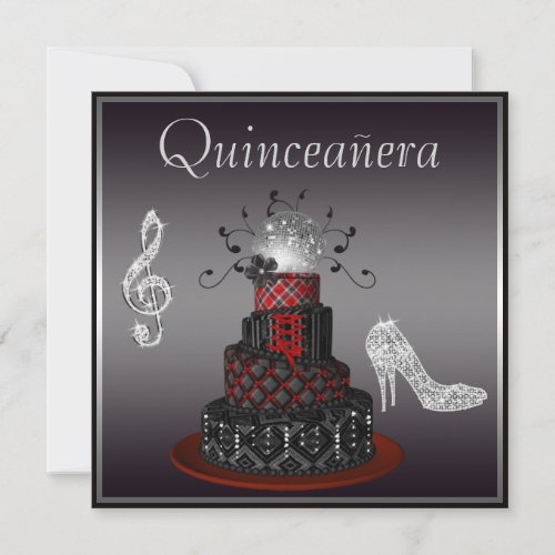 Disco Diva Cake Silver Sparkle Heels Quinceanera Invitation