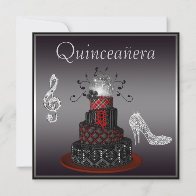 Disco Diva Cake, Silver Sparkle Heels Quinceanera Invitation (Front)