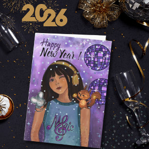 Disco Diva Whimsical Music Girls Happy New Year Holiday Card