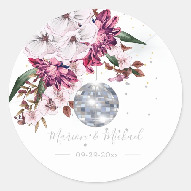 Disco Elegant Floral  Wedding  Classic   Classic Round Sticker (Front)