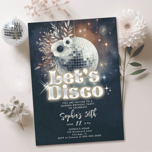 Disco Garden Party 70s Retro Black 30th Birthday Invitation