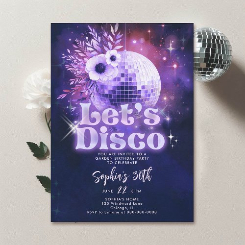 Disco Garden Party 70s Retro Purple 30th Birthday Invitation