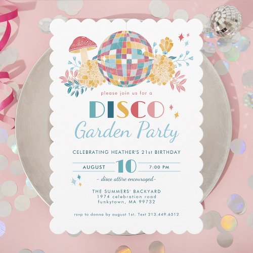 Disco Garden Party 70s Theme Birthday Invitation