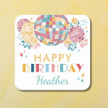 Disco Garden Party 70's Theme Birthday Square Paper Coaster<br><div class="desc">For your upcoming adult birthday party with a disco theme, our "Disco Garden Party" coaster adds a touch of retro flair. Inspired by the vibrant energy of the 70s, this coaster features a cute disco ball surrounded by pretty floral elements, creating a unique disco garden vibe. Customize it with the...</div>