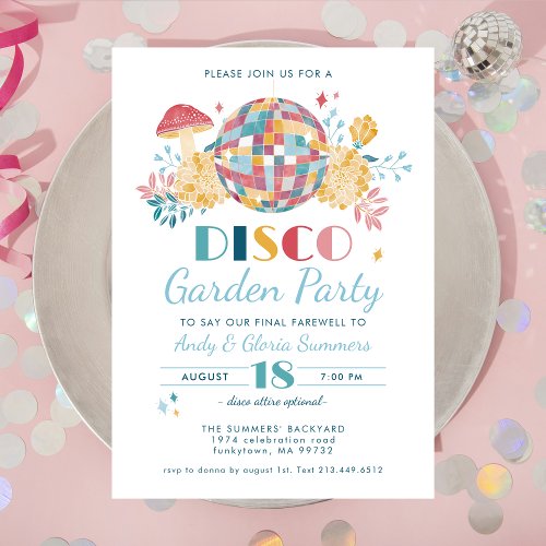 Disco Garden Party 70s Theme Going Away Party Invitation