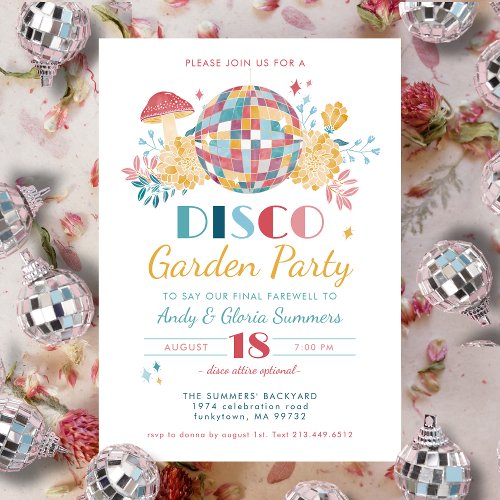 Disco Garden Party 70s Theme Going Away Party Invitation