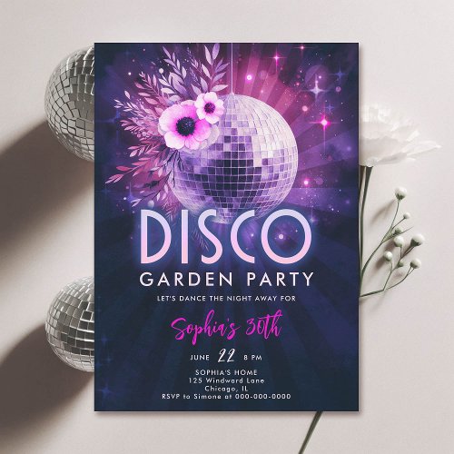 Disco Garden Party Hot Pink Purple 30th Birthday Invitation