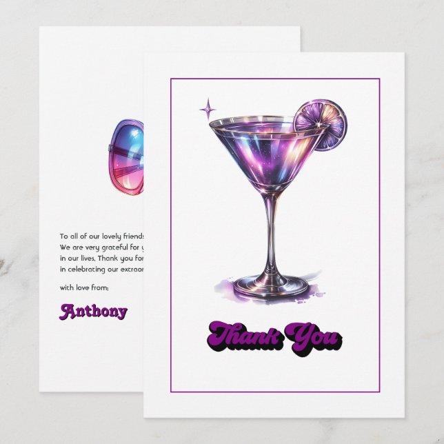 Disco Glam Retro Martini Galaxy Glass Design Thank You Card (Front/Back)