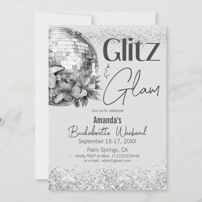 Disco Glitz and Glam Silver Bachelorette Party Invitation (Front)