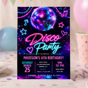 Disco Glow Birthday Party  Invitation