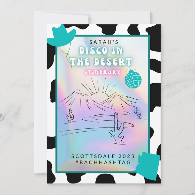 "Disco in the Desert" Scottsdale Bach Itinerary Invitation (Front)