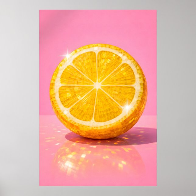 Disco Lemon Poster, Pink Y2K Mirror Ball Fruit Poster (Front)