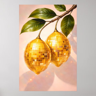 Disco Lemon Poster, Retro Disco Ball Fruit Art Poster