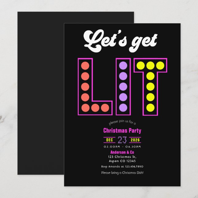 Disco Lights Let's Get Lit Retro Christmas Party Invitation (Front/Back)