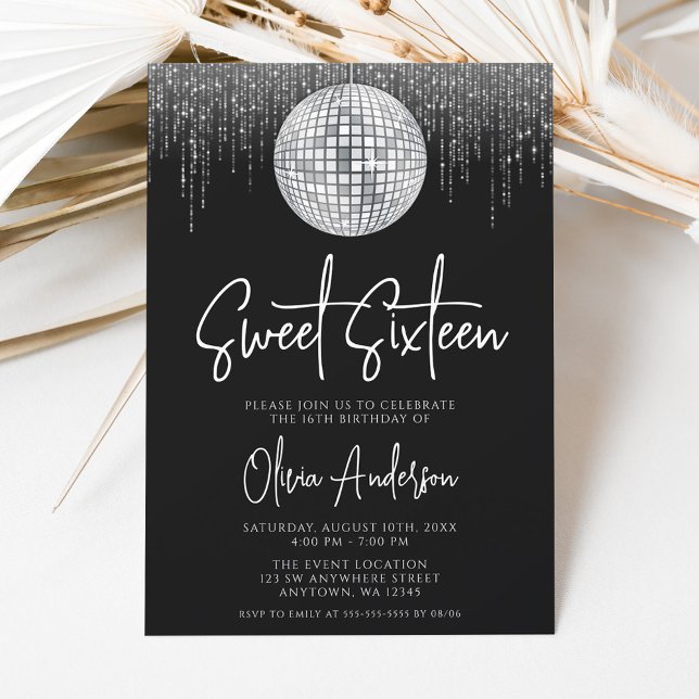 Disco Lights Silver Black Sweet 16 Invitation (Creator Uploaded)