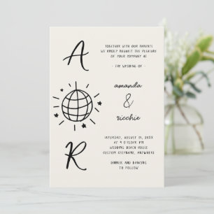 Disco Monogram French Fun Retro Hand drawn Wedding Invitation