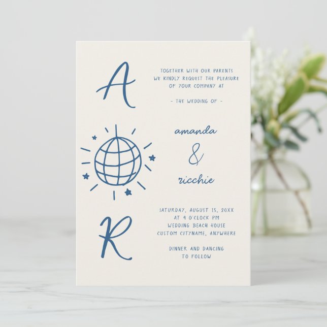Disco Monogram French Fun Retro Hand drawn Wedding Invitation (Standing Front)