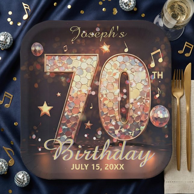 Disco Music Notes Gold Black 70th Birthday Party  Paper Plates (Creator Uploaded)
