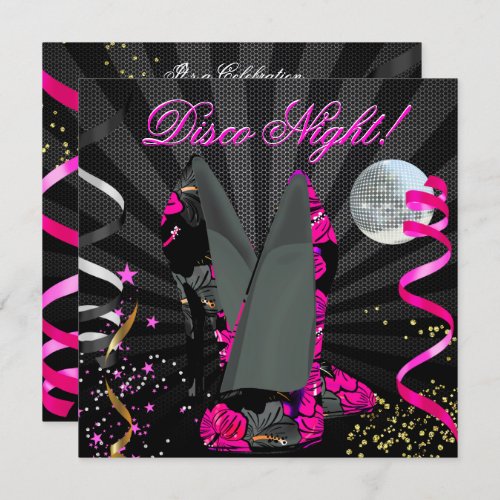 Disco Night Pink Gold Black Floral High Heels Invitation