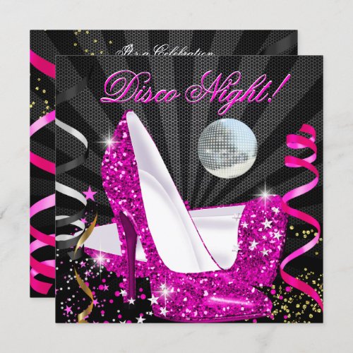 Disco Night Pink Gold Black Glitter High Heels Invitation