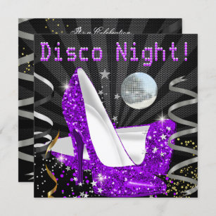 Disco Night Purple Gold Black Glitter High Heels Invitation