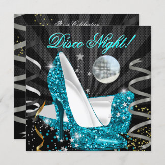 Disco Night Teal Gold Black Glitter High Heels Invitation