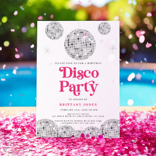 Disco Party Birthday Silver Retro PINK Glitter Invitation