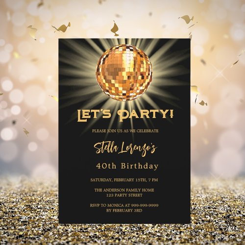 Disco party black gold 40th birthday invitation
