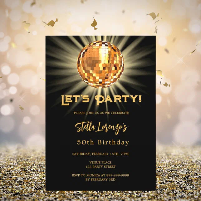 Disco party black gold 50th birthday invitation | Zazzle