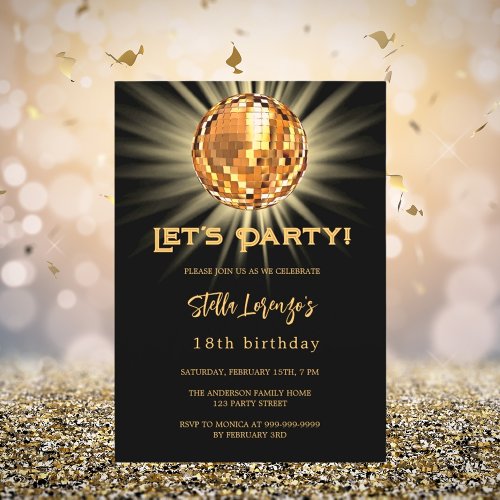Disco party black gold birthday invitation