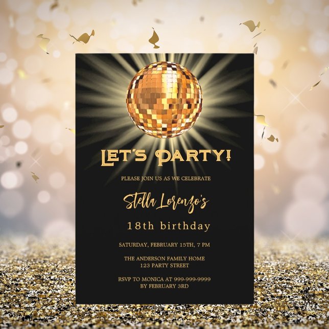 Disco party black gold birthday invitation (Creator Uploaded)