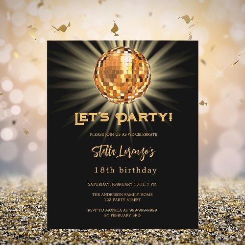 Disco party black gold budget birthday invitation